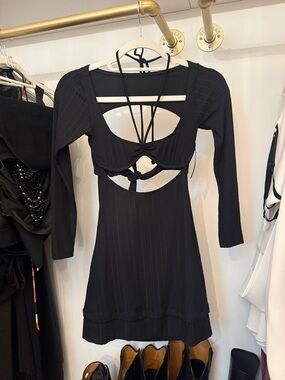 Black Ribbed Long-Sleeve Cutout Mini Dress